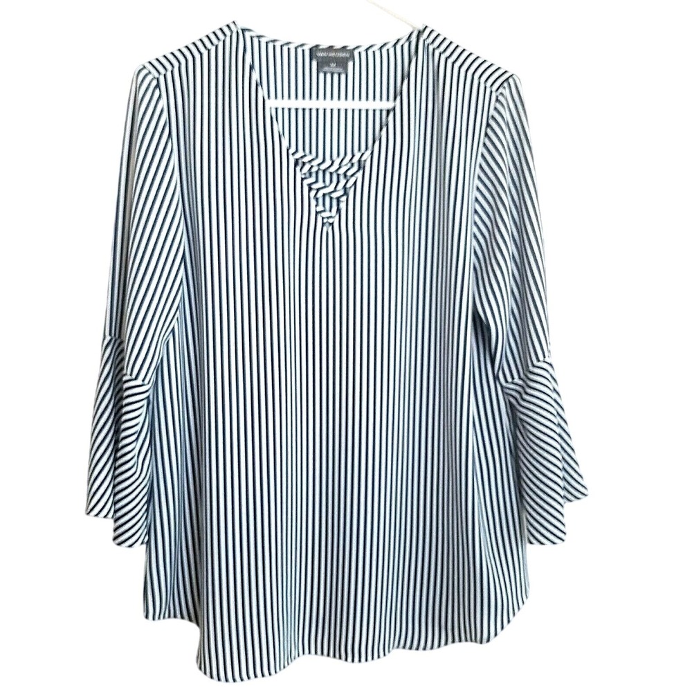 Van Heusen Women Navy White Striped Lattice V-Neck Bell Sleeve Blouse M Nautical
